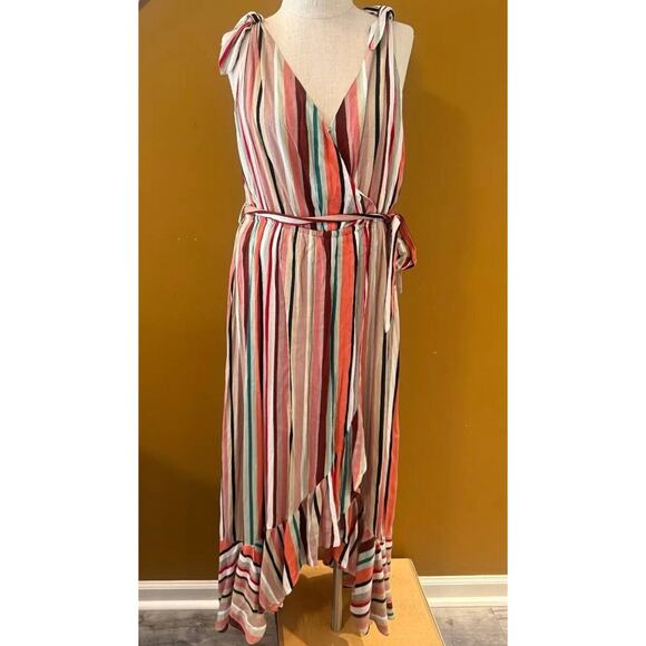 Moon Rchid Maxi Dress Womens Large Multi Striped High Low Tie Waist Wrap V Neck - Picture 1 of 6